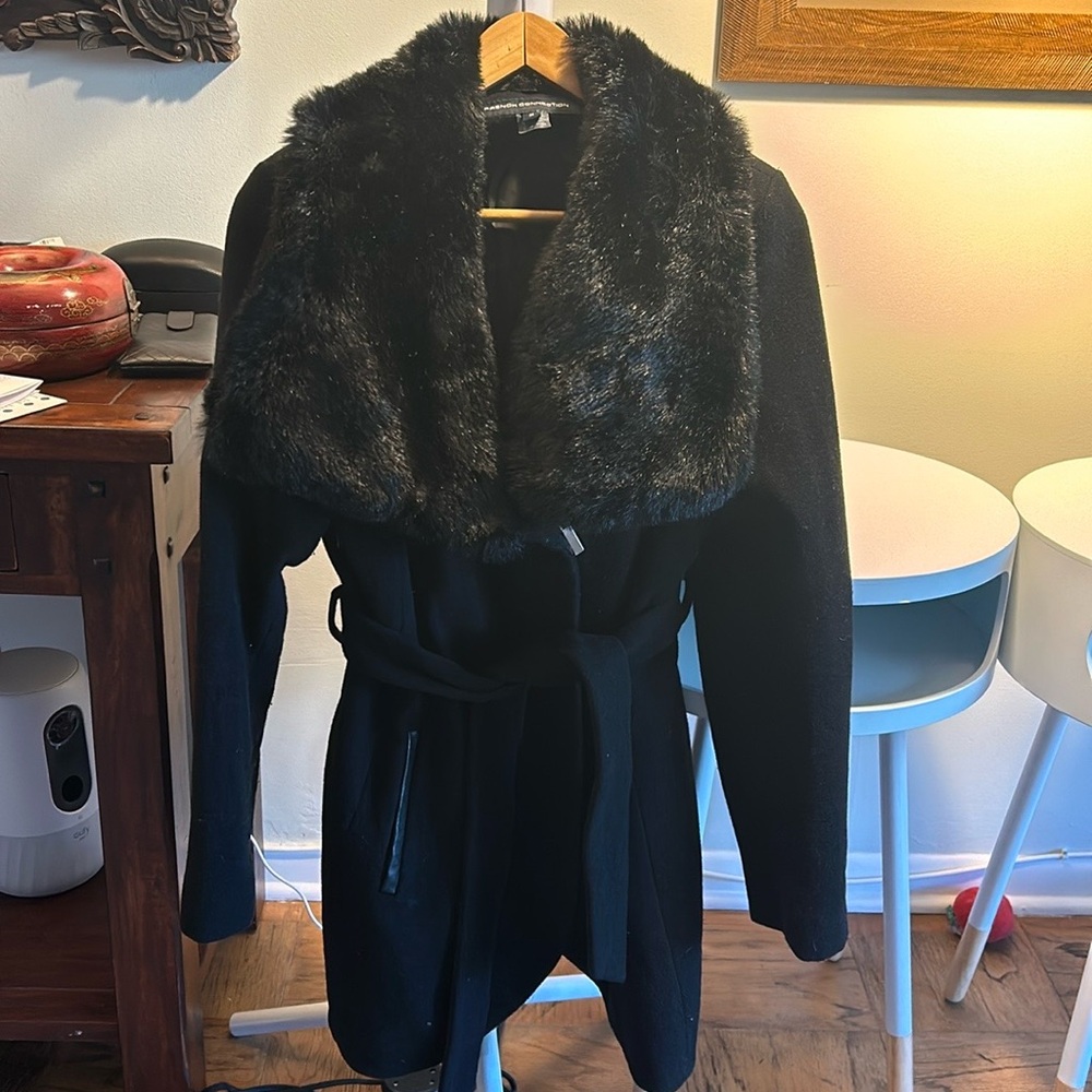 French Connection Faux-Fur-Collar Asymmetrical Black & Gold Coat - Size Medium